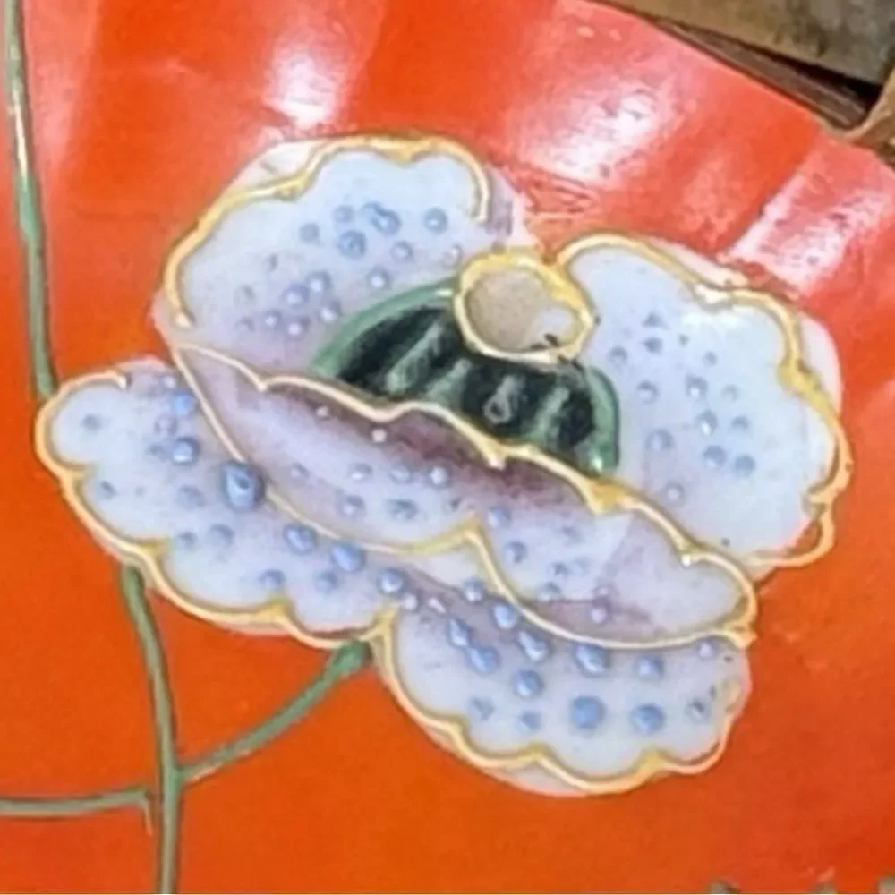 Vintage Japanese  Kutani hand, painted floral porcelain dish, bamboo‎ handle ￼